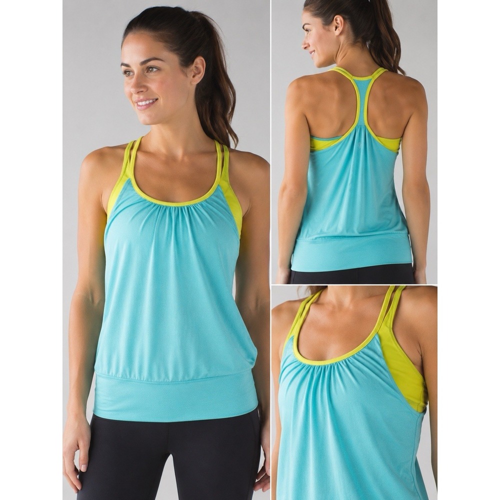 Lululemon No Limit Tank Top Built In Bra Turquoise Pop Lime Womens 4